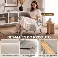 HOMCOM Poltrona-Cama em Veludo com Encosto Ajustável, Almofada e Braços em Madeira para Sala ou Quarto, Creme(m-6)