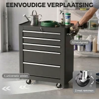 HOMCOM Gereedschapskast, gereedschapskist, 5 lades, verrijdbaar, staal, zwart(m-6)