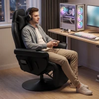 HOMCOM Gamingsessel, Massagefunktion, neigbare Lehne, Fußstütze, bis 120 kg, Stahlrahmen, Kunstleder, Schwarz(m-9)