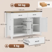 HOMCOM Buffet Aufbewahrungsschrank im Landhausstil, 2 Schubladen und 2 Schränke mit verstellbaren Einlegeböden, 120 x 39,3 x 82,5 cm, weiß(m-3)