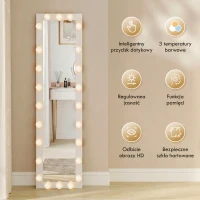 HOMCOM Pełnowymiarowe lustro 150x40 cm LED z 24 żarówkami, 3 kolory światła, stojące lub oparte, białe(m-7)