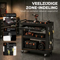 HOMCOM Gereedschapswagen met afsluitbare wielen, rollende werkplaatswagen met 3 niveaus, lade en perforatieplaten, Zwart(m-5)