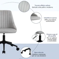 Vinsetto Sedia da Ufficio in Velluto Grigio con Altezza Regolabile, Sedia Ergonomica Girevole a 360° e Ruote, 50x58x77-87cm(m-7)