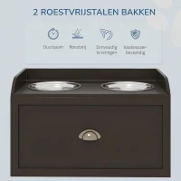 PawHut Verhoogde voerbakstation met 2 voerbakken, 2 roestvrijstalen kommen, 1 opbergruimte, 60 x 30 x 36 cm, Bruin(m-6)