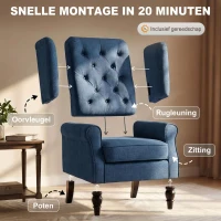 HOMCOM Elegante oorfauteuil, dik gewatteerd, afneembare bekleding, 74 x 86 x 102 cm, blauw(m-7)