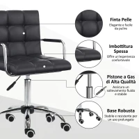 HOMCOM Sedia da Ufficio Ergonomica in pelle PU Nero, Sedia da Studio con 5 Ruote Girevoli, Imbottitura e Altezza Regolabile, 52.5x54x84-99cm(m-6)