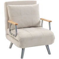 HOMCOM Poltrona-Cama em Veludo com Encosto Ajustável, Almofada e Braços em Madeira para Sala ou Quarto, Creme(m-1)