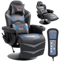 HOMCOM Gamingsessel, Massagefunktion, neigbare Lehne, Fußstütze, bis 120 kg, Stahlrahmen, Kunstleder, Grau(m-12)