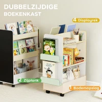 AIYAPLAY Kinderboekenrek met 4 planken, bodemvak, 2 zijvakken, krijtbord, wielen, voor 3–8 jaar, 66,5x32,5x86,5 cm Wit(m-4)