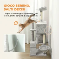 PawHut Albero Tiragraffi per Gatti Alto 140 cm con 2 Casette, Amaca, Lettino e Pali in Sisal, Grigio(m-6)