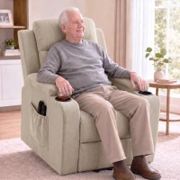 HOMCOM Poltrona Elétrica Elevadora Reclinável, Aquecida, Massageadora, Linho, 2 Telecomandos, Creme(m-6)