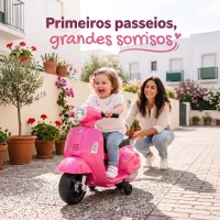HOMCOM Mota Elétrica Infantil Vespa 6V com Farol, Buzina e Rodas Auxiliares para Crianças de 18-36 Meses Rosa 66,5x38x52 cm(m-14)