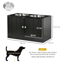 PawHut Comedero Elevado para Perros Grandes con 2 Cuencos de 2000ml y Almacenamiento Oculto 60x30x35,5 cm Negro(m-3)