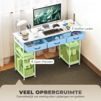 HOMCOM Bureau keukentafel met 2 USB-oplaadpoorten 2 stopcontacten verstelbare planken 3 stoffen lades 120x40x76 cm Wit(m-4)