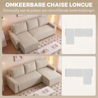 HOMCOM Hoekbank met Slaapfunctie en Omkeerbare Chaise Longue, L-vormige 3-zitsbank van Velours, Beige(m-5)