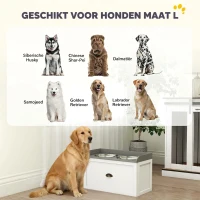 PawHut voerstation, 2 voerbakken van elk 2 liter, roestvrij staal, met lade, wit+grijs, 60 x 30 x 36 cm(m-7)