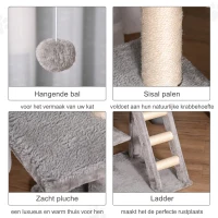 PawHut krabpaal kattenboom met kattengrot trap zacht kussen E1 MDF sisal lichtgrijs(m-5)