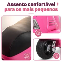 HOMCOM Mota Elétrica Infantil Vespa 6V com Farol, Buzina e Rodas Auxiliares para Crianças de 18-36 Meses Rosa 66,5x38x52 cm(m-11)