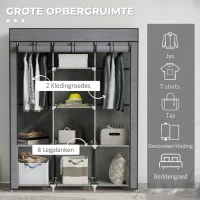 HOMCOM Stoffen Kast, Opbergoplossing, 8 Planken, 2 Kledingroedes, Donkergrijs(m-4)
