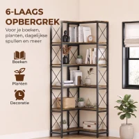 HOMCOM 6-laags L-vormige boekenkast, vrijstaand hoekrek met metalen frame, rustiek bruin(m-5)
