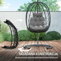 Outsunny Fotel wiszący zewnętrzny Fotel wiszący Egg Chair, odporny na warunki atmosferyczne, w tym poduszki, 102 cm x 102 cm x 195 cm, Ciemnoszary(m-4)