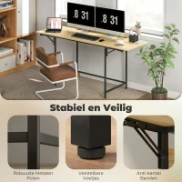 HOMCOM Inklapbare computertafel met 2 uitklapbladen, veel ruimte voor monitoren, metalen poten, stevige constructie, eikenlook + zwart(m-6)