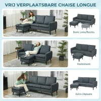 HOMCOM Hoekbank, 3-zitsbank met hocker, stoffen bekleding, L-vormige bankset, donkergrijs(m-4)