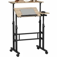 HOMCOM Bureau assis debout bureau réglable en hauteur 70 x 60 cm à roulettes avec plateau inclinable cadre en métal marron(m-18)