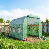 Outsunny Walk-in Greenhouse with Shelves, Polytunnel Greenhouse with Roll-Up Door, 6 Mesh Windows,198 x 275 x 191 cm, Green(m-8)