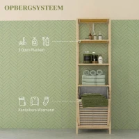 HOMCOM Badkamerrek met Wasmand, 3 Planken, Bamboe Frame, 44x33x160cm, Natuur(m-4)