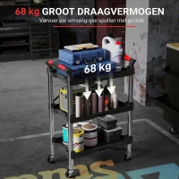 HOMCOM Gereedschapstrolley, Opvouwbare 3-Laagse Gereedschapswagen, Kunststof, Staal, Zwart(m-6)