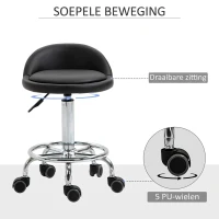 HOMCOM Verrijdbare kruk met rugleuning 57-72 cm hoogte verstelbaar draaikruk voor kantoor salon massage(m-6)