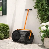 Outsunny Compost Spreader, 24" Peat Moss Spreader with Height Adjustable T Shaped Handle and Metal Mesh Basket, Garden Spreader for Seeding, Spreading Manure, Orange(m-9)
