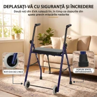 HOMCOM Cadru de Mers Pliabil pentru Seniori cu Șezut Căptușit, Reglabil pe Înălțime în 8 Niveluri, 2 Roți, Albastru Închis(m-6)