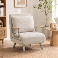 HOMCOM Poltrona-Cama em Veludo com Encosto Ajustável, Almofada e Braços em Madeira para Sala ou Quarto, Creme(m-9)