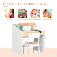 HOMCOM Set Birou și Scaun pentru Copii cu Sertar și Raft, Margini Rotunjite, Vârsta 6-10 Ani, Alb și Lemn(m-4)