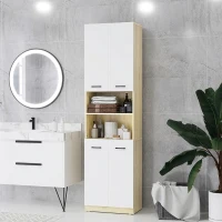 kleankin Colonne de Salle de Bain, Meuble de Rangement avec 4 Portes, 2 Compartiments Ouverts, Étagères Réglables, Blanc et Chêne(m-7)