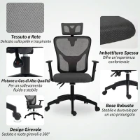 Vinsetto Sedia da Ufficio Ergonomica e Regolabile con Supporto Lombare e Poggiatesta, 66x61x106-116 cm, Grigio(m-5)