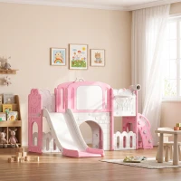 AIYAPLAY Escorrega Infantil 7 em 1 para Crianças Tema de Sapo com Aro de Basquetebol Túnel Quadro Telescópio de Brincar Trepador 176x150x94 cm Rosa(m-13)