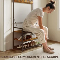 HOMCOM Appendiabiti da Ingresso con Asta, 10 Ganci, Panca e Scarpiera, in Legno e Metallo, 80x40x182 cm, Marrone e Nero(m-6)