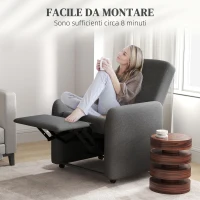 HOMCOM Poltrona Reclinabile 115° max con Poggiapiedi e 4 Ruote, in Poliestere e Legno, 76x78.5x102 cm, Grigio(m-7)