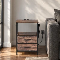 HOMCOM Mesa auxiliar de salón industrial con estación de carga, estante abierto, 2 cajones, Marrón Rústico(m-2)