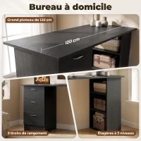 HOMCOM Bureau ordinateur 3 tiroirs 3 étagères ouvertes, 120x49x72cm, rangement réversible, espace, télétravail, noir(m-4)