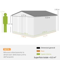 Outsunny Casetta da Giardino con 2 Porte Scorrevoli e 4 Prese d'Aria, in Acciaio, 322x277x192 cm, Grigio(m-3)