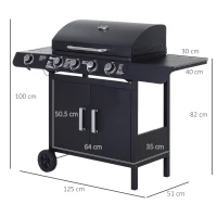 Outsunny Barbecue a Gas a 5 Fornelli con Ripiani Laterali e Armadietto, in Acciaio e PP, 125x51x100 cm, Nero(m-3)