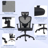 Vinsetto Sedia da Ufficio Ergonomica con Altezza Regolabile, Supporto Lombare e Poggiatesta, 66x61x106-116cm Nero(m-5)