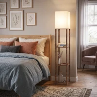 HOMCOM Floor Lamp with Shelves, Modern Dimmable Standing Lamp with Fabric Shade, Adjustable Colour Temperature, Rustic Brown(m-8)