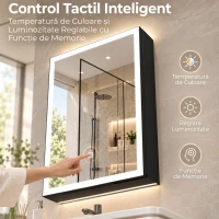 HOMCOM Dulap de Baie cu Oglindă și LED, 3 Culori, 50x70 cm, Soft-Close, Priză, Rafturi Reglabile, Negru(m-5)