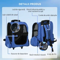 PawHut Rucsac transportabil 2 în 1 pentru câini și pisici cu buzunare și mâner telescopic, 42x25x55cm, albastru(m-6)