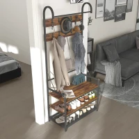 HOMCOM Appendiabiti da Ingresso con Asta, 10 Ganci, Panca e Scarpiera, in Legno e Metallo, 80x40x182 cm, Marrone e Nero(m-9)